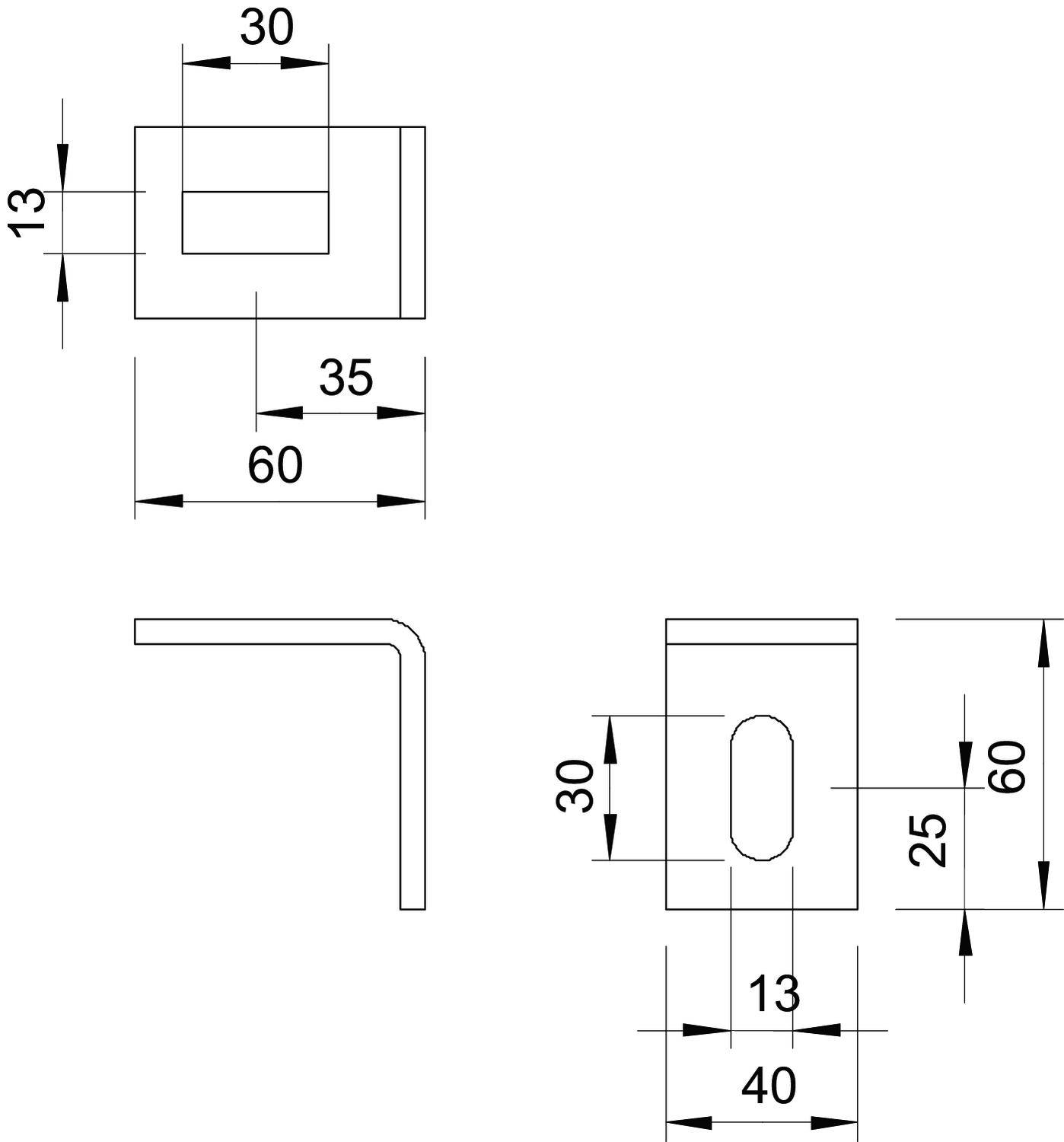 Technische Zeichnung eines Bauteils mit Bemaßungen: Oben links ein Rechteck mit Maßen 30x13 mm. Gesamtbreite 60 mm, Höhe 60 mm. Unten rechts ovales Loch: 13x25 mm.