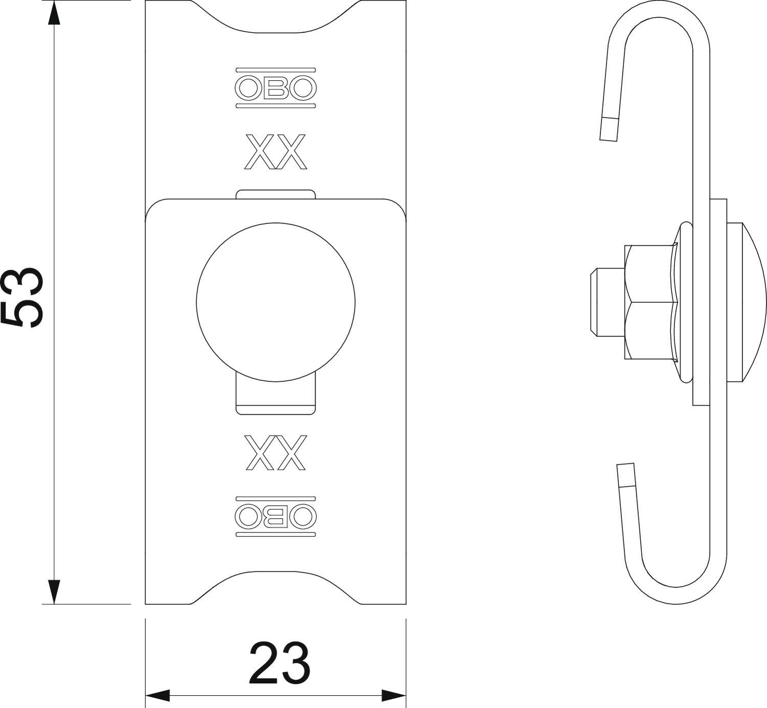 Technische Zeichnung einer Klemme, Vorder- und Seitenansicht. Maße: Höhe 53 mm, Breite 23 mm. Enthält Beschriftungen und Maßangaben.