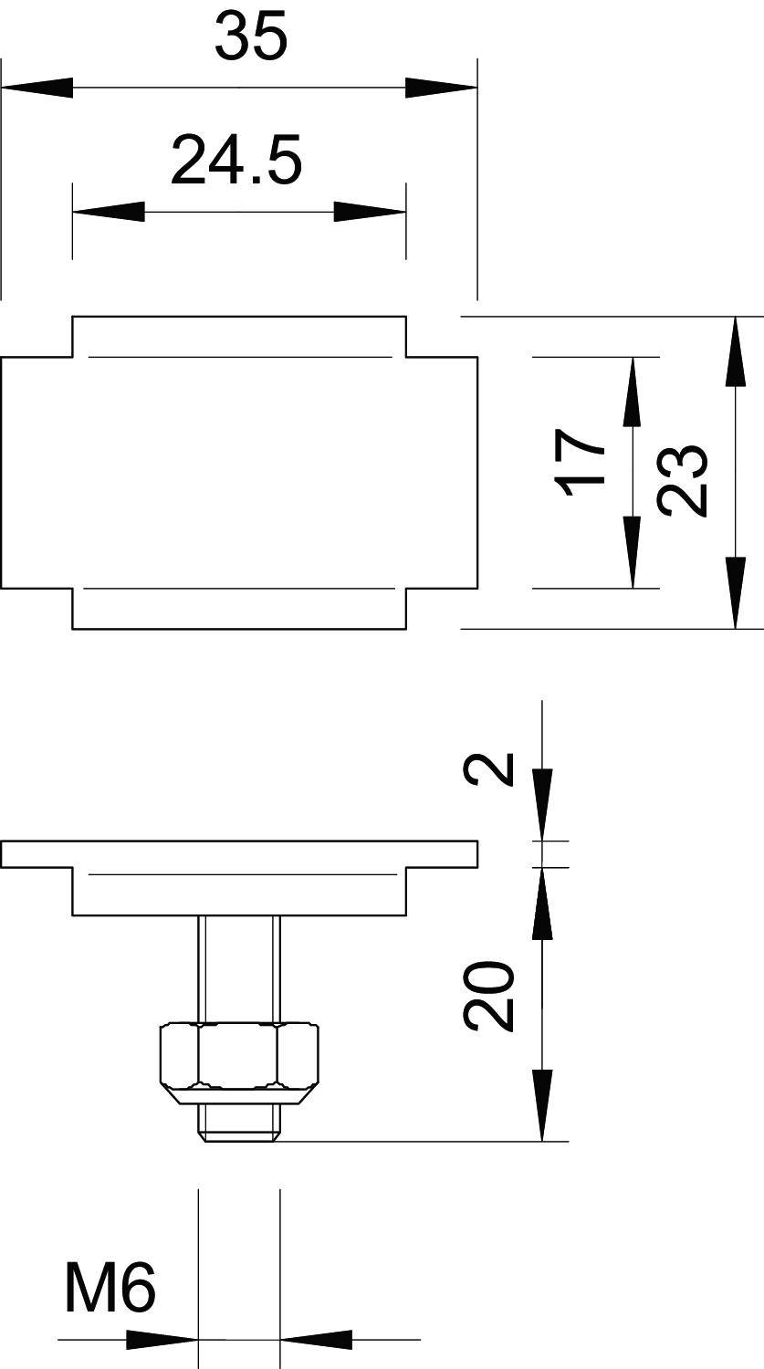 Technische Zeichnung eines Bauteils mit Maßen: Breite 35, Länge 24,5, Höhe 2. Schraubenmaß M6. Seitenansicht mit Höhenangaben.