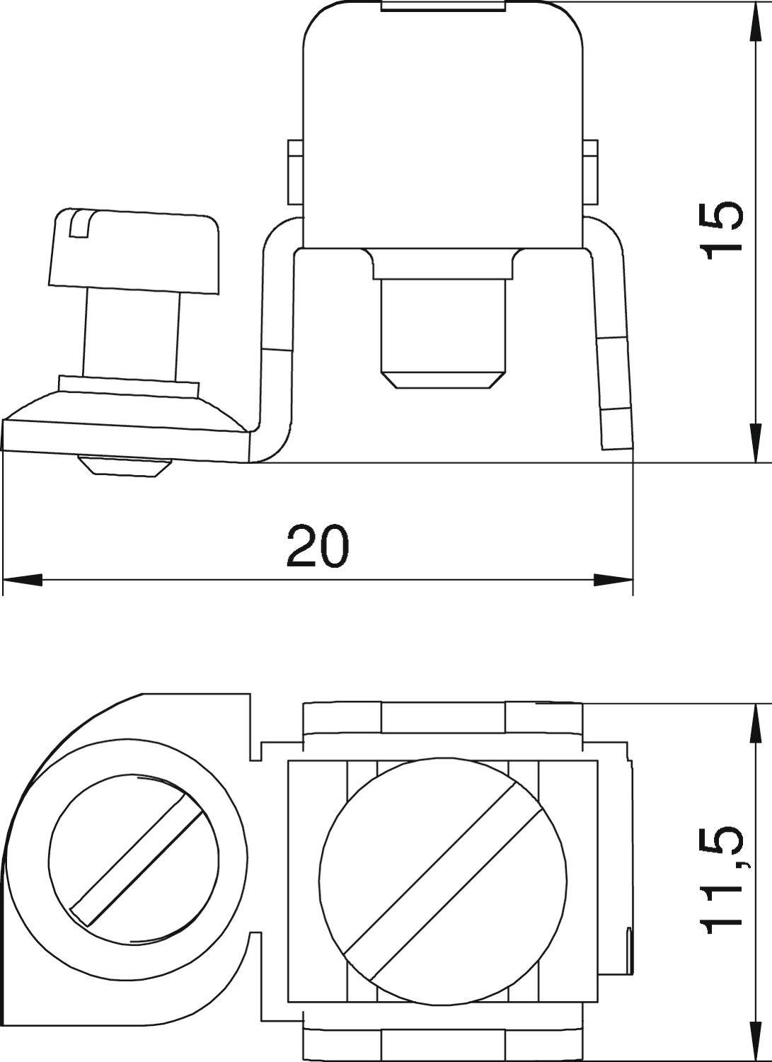 Technische Zeichnung eines Scharniers. Zeigt Front- und Seitenansicht mit Maßen: 15 mm Höhe, 20 mm Breite, 11,5 mm Tiefe.