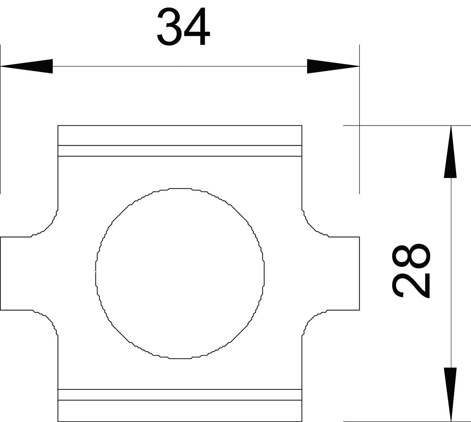 Technische Zeichnung eines Bauteils mit Abmessungen: Breite 34 Einheiten, Höhe 28 Einheiten. Zentrale runde Öffnung.