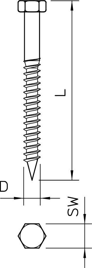 Technische Zeichnung einer Sechskantschraube mit Markierung von Länge (L), Durchmesser (D) und Schlüsselweite (SW).