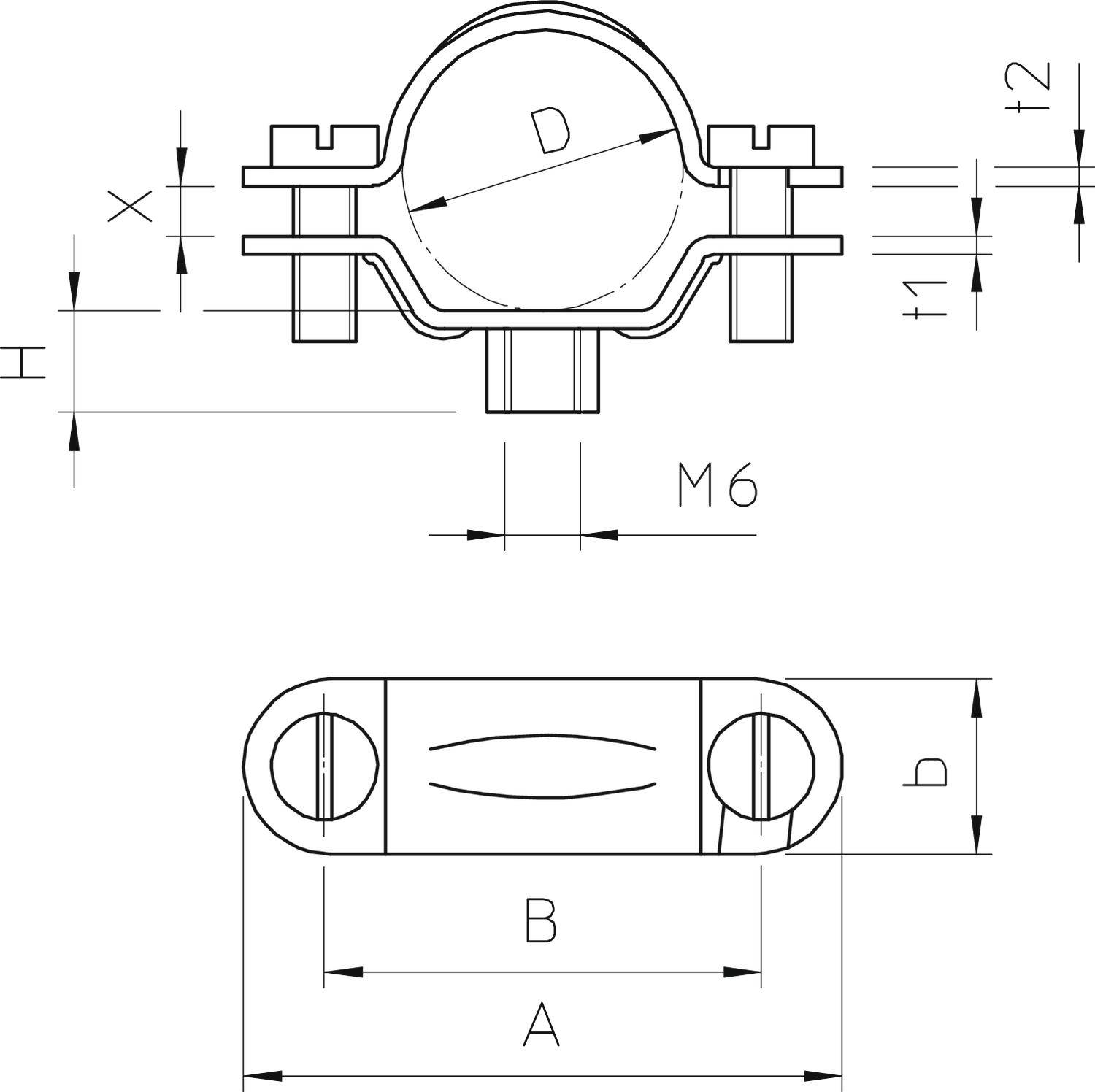 Technische Zeichnung einer Rohrschelle mit Maßen: Durchmesser D, Abstand X, Höhe H, Dicke t1 und t2, Breite A und B, Schraubloch M6.
