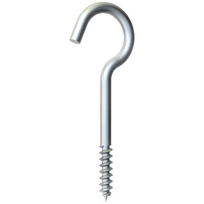 Hakenförmige Schraube aus Metall mit angespitztem Gewinde am unteren Ende.