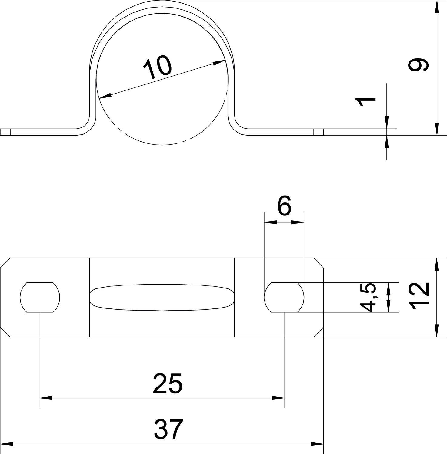 Technische Zeichnung eines Halters mit Maßen: Oben Durchmesser 10, Höhe 9. Unten Breite: 37, Länge: 25, Öffnungsbreite: 6, Öffnungshöhe: 4,5.