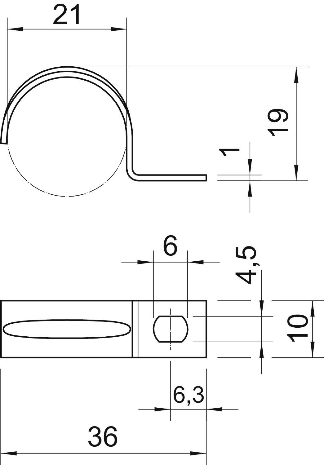 Technische Zeichnung eines Metallhalters mit Maßen: Breite 21 mm, Höhe 19 mm, Längen 36 mm, mit Lochdurchmesser 4,5 mm.