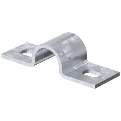 Metallklemme in U-Form mit zwei rechteckigen Befestigungsöffnungen. Verwendet zur Befestigung von Rohren oder Kabeln auf Oberflächen.