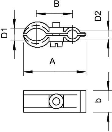 Technische Zeichnung eines Kabelclips. Ansicht von oben zeigt Maße A, B, D1, D2; seitliche Ansicht zeigt Maß b.