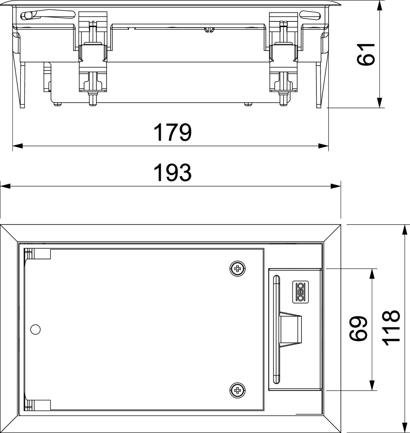 Technische Zeichnung eines rechteckigen Gehäuses mit Maßen: 179 mm Breite, 193 mm Länge und 61 mm Höhe. Seitenansicht zeigt Anschlussdetails.