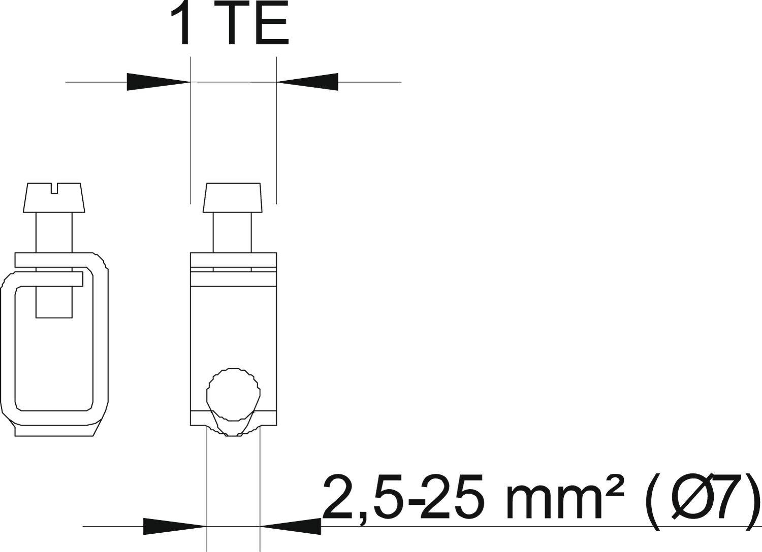 Technische Zeichnung eines Anschlusses. Aufschrift: '1 TE', '2,5-25 mm² (Ø7)'. Zeigt Maße und Größenverhältnisse des Anschlusses.