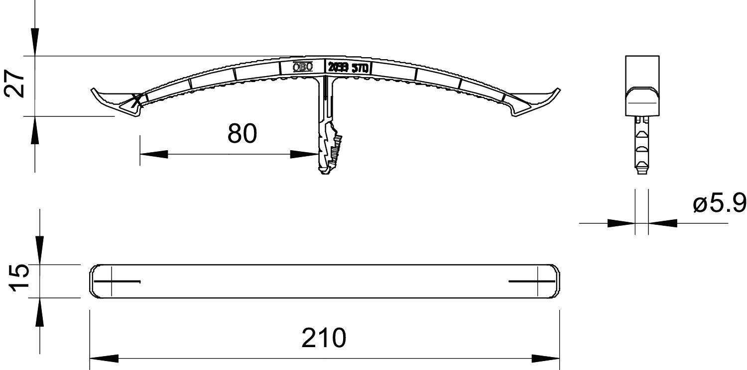 Technische Zeichnung eines Bauteils. Oben: seitliche und frontale Ansicht mit Maßen; unten: Vorderansicht mit Länge 210 mm, Breite 27 mm.