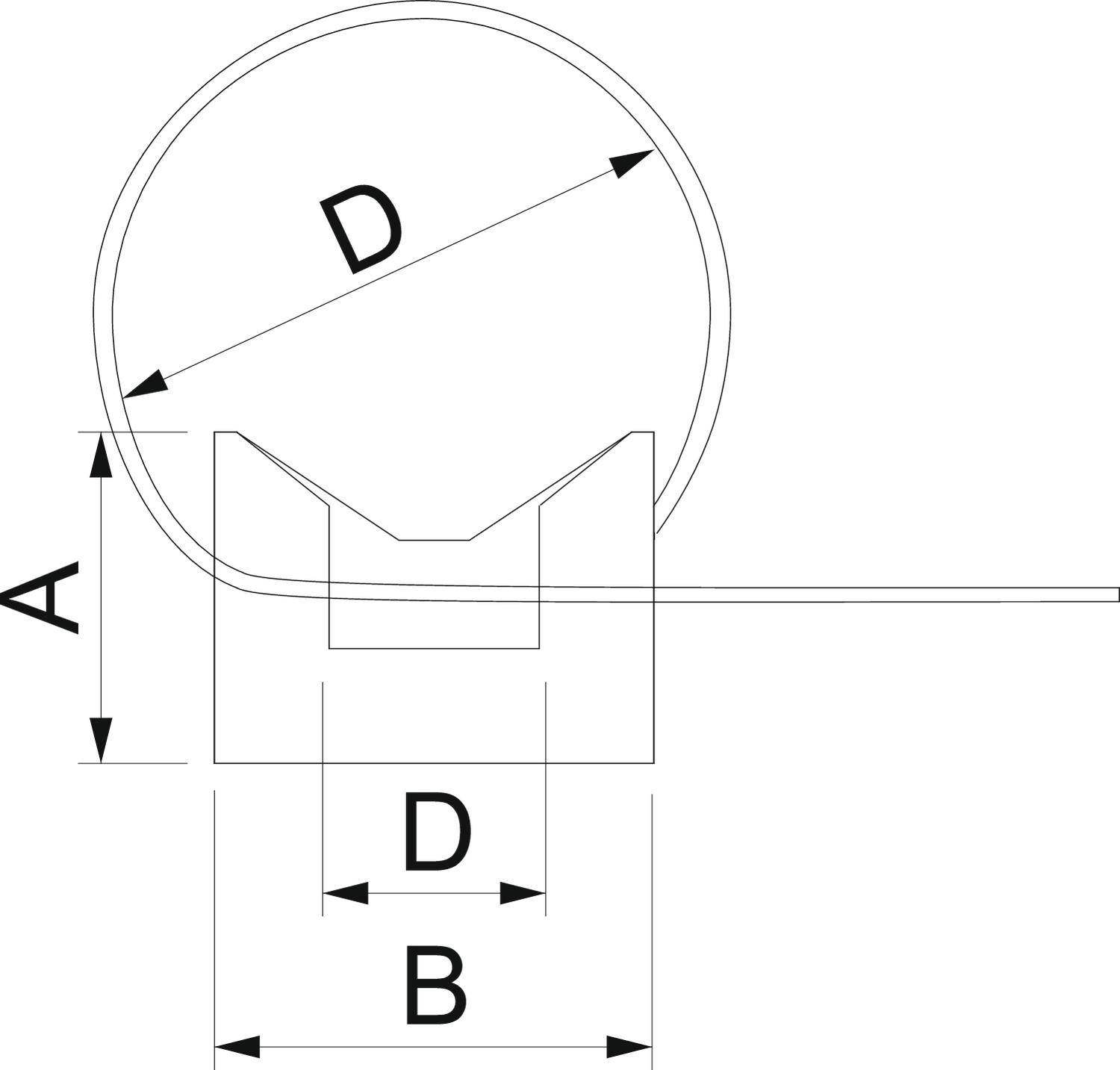 Technische Zeichnung eines Rundkohls mit Maßen. 'A' zeigt die Höhe, 'B' die Breite der Halterung, 'D' den Durchmesser des Rundkohls.