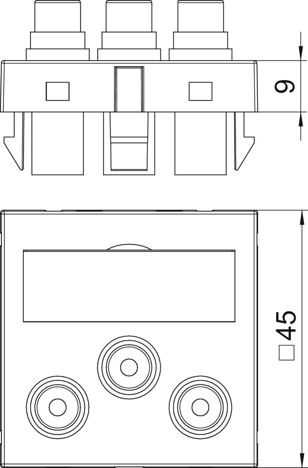 Technische Zeichnung eines elektrischen Steckverbinders mit drei Anschlüssen. Oben: Seitenansicht, Maße 9 mm. Unten: Draufsicht, Maße 45 mm.