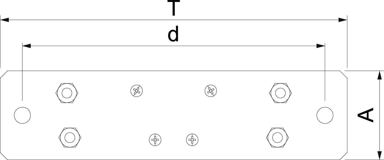 Technische Zeichnung einer rechteckigen Metallplatte mit Bohrungen, Maßangaben 'T', 'd', und 'A' für Breite, Länge und Höhe.