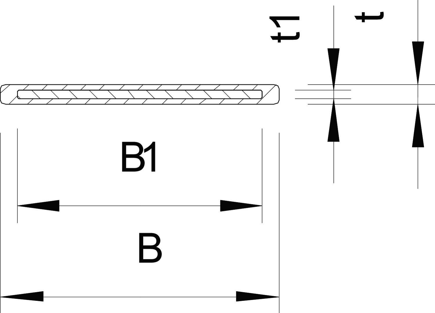 Querschnitt eines länglichen Objekts mit Außendurchmesser B1, Kerndurchmesser B und Wanddicke t dargestellt.