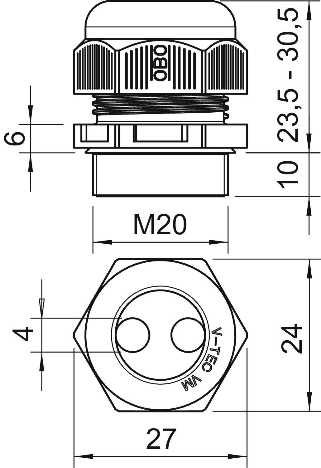 Technische Zeichnung eines Verbindungsstücks. Maße: 23,5-30,5 mm Höhe, 6 mm Gewinde, 27 mm Breite, M20 Anschluss.