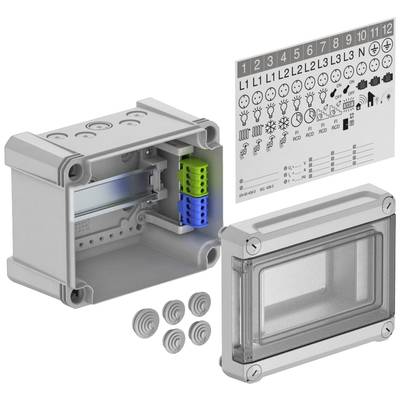Elektrische Anschlussdose mit abnehmbarem Deckel, mehreren Anschlüssen und vier Schrauben; daneben ein Schaltplan mit Symbolen.