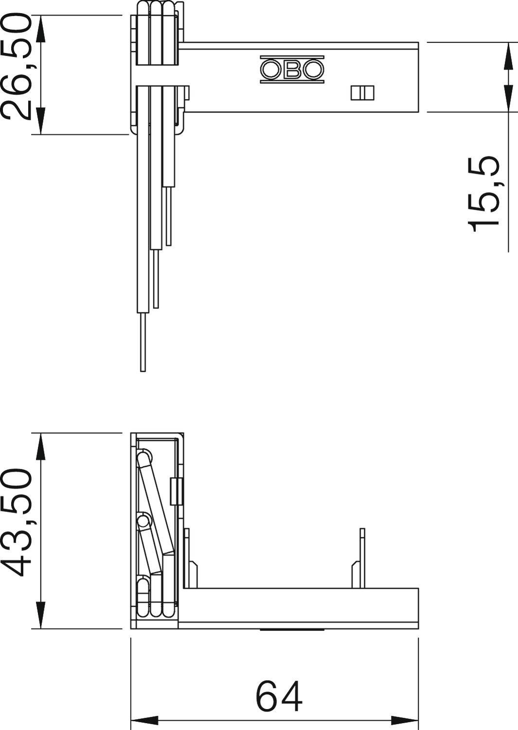 Technische Zeichnung eines Bauteils. Oben: Maße 26,5 mm vertikal, 15,5 mm horizontal, gekennzeichnet mit 'OBO'. Unten: Maße 43,5 mm vertikal, 64 mm horizontal.