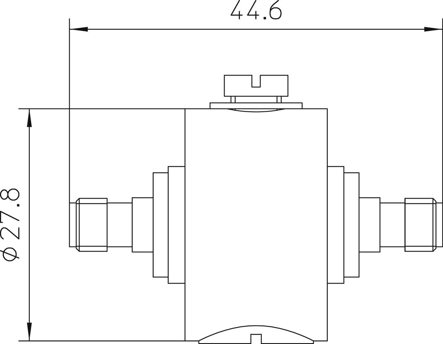 Technische Zeichnung eines mechanischen Bauteils mit Maßen: Breite 44,6 mm, Durchmesser 27,8 mm. Verbindungen an beiden Enden.