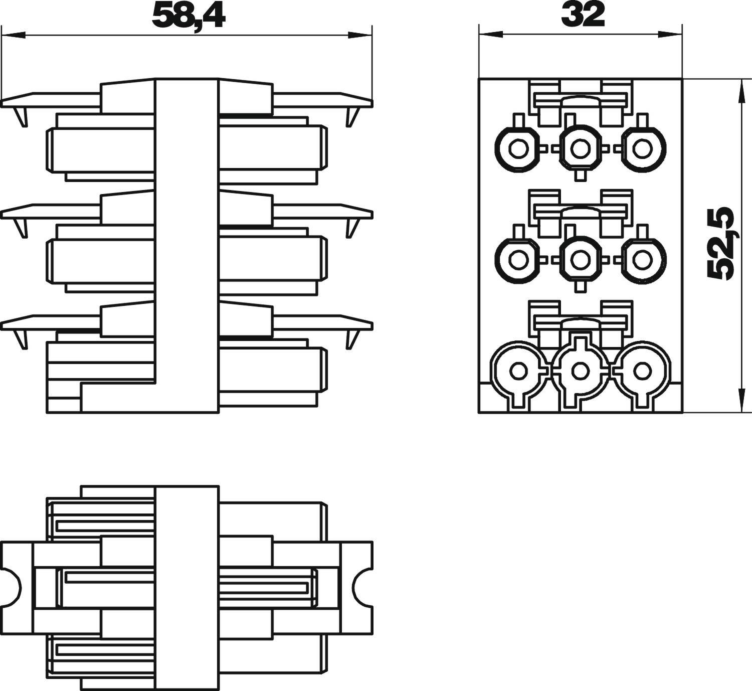 Technische Zeichnung eines Steckverbinders mit den Maßen 58,4 mm Breite, 32 mm Tiefe und 52,5 mm Höhe. Zeigt mehrere Ansichten.