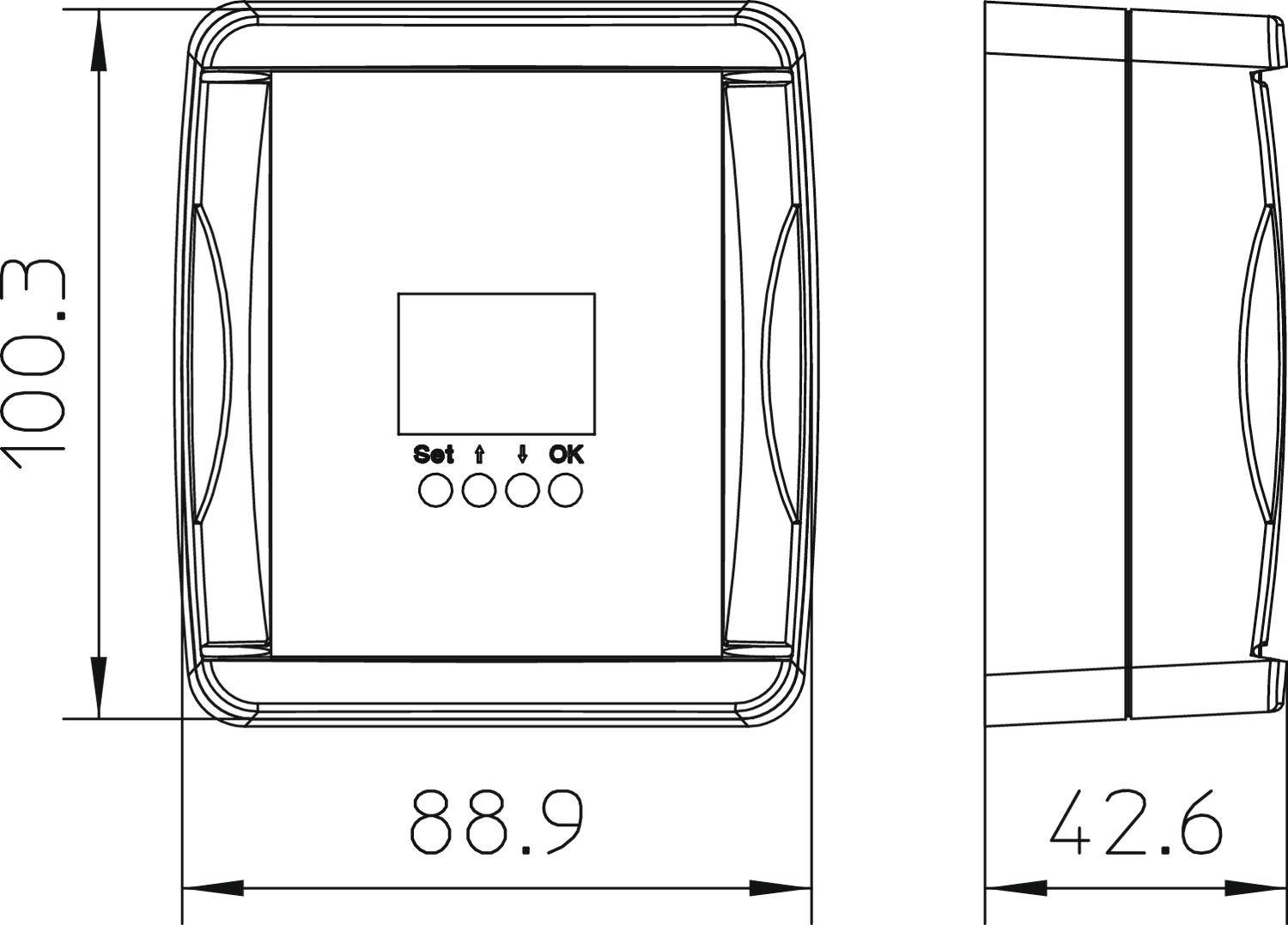 Diagramm eines rechteckigen Geräts mit Maßen: 100,3 mm Höhe, 88,9 mm Breite, 42,6 mm Tiefe. Enthält Tasten 'Set', '↑', '↓', 'OK'.