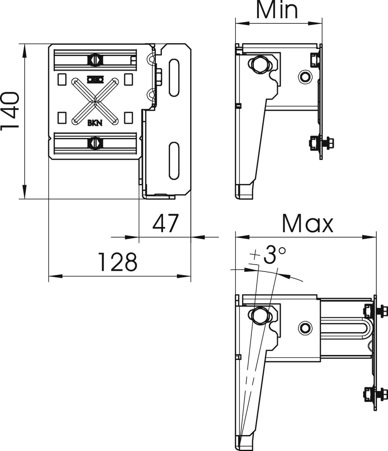 'Technische Zeichnung eines klappbaren Halters mit Maßen: Breite 128 mm, Höhe 140 mm. Einstellbarer Winkel von 0 bis 3 Grad.'