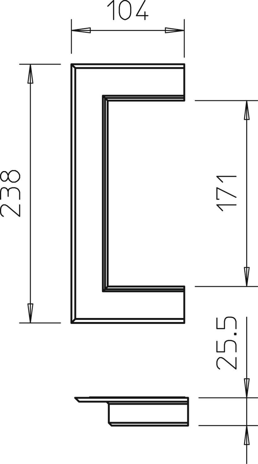 Technische Zeichnung eines C-förmigen Profils. Höhe: 238 mm, Breite: 104 mm, Tiefe: 25,5 mm. Weitere Bemaßungen innen: 171 mm.