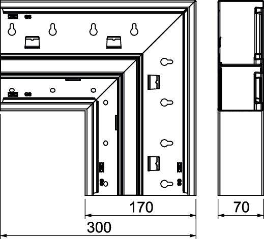 Technische Zeichnung zeigt Maße und Anordnung von elektrischen Steckdosen und Schaltern in einer Raumecke. Maße: 300x170mm.