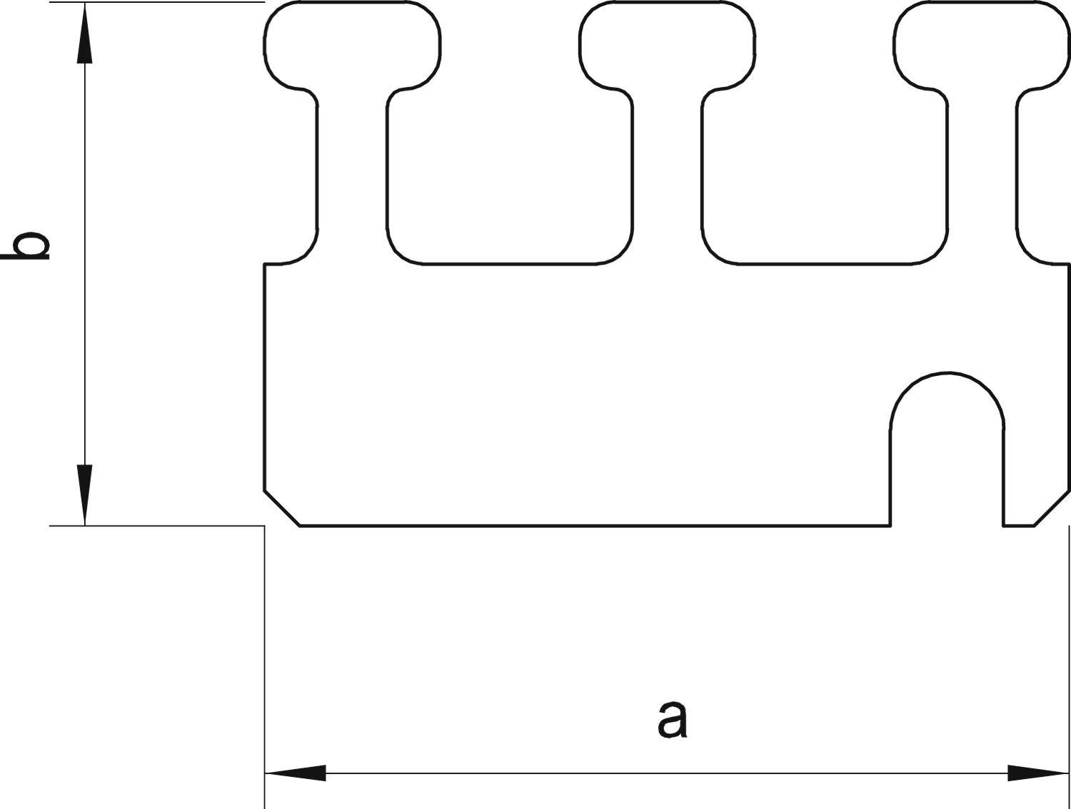 Diagramm eines abstrakten Schlüssels mit abgerundeten Zähnen, zeigt Maße 'a' und 'b' mit Pfeilen.