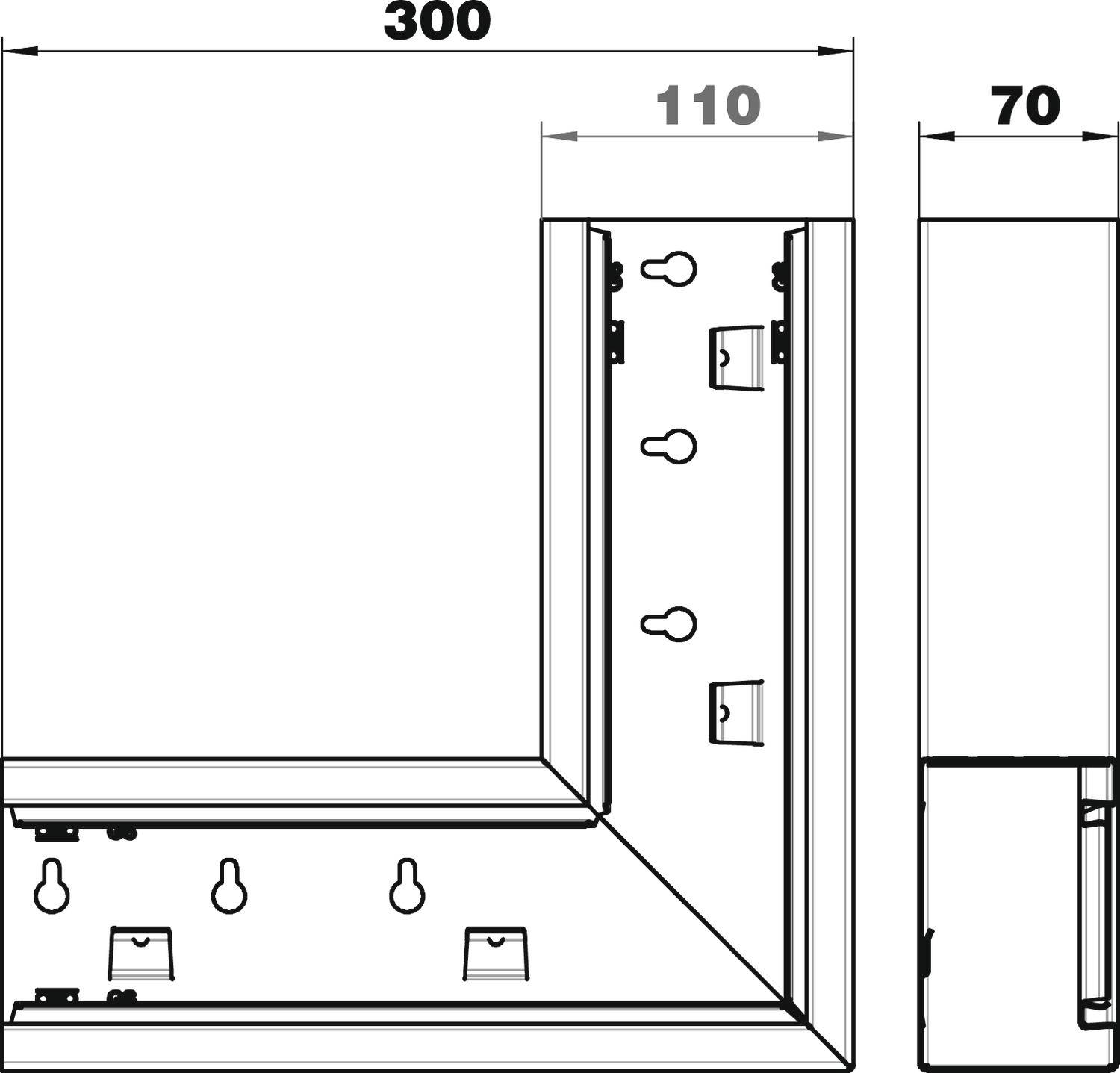 Technische Zeichnung einer rechteckigen Struktur mit Maßen: Länge 300 mm, Breite 110 mm, Höhe 70 mm. Zeigt Steckplätze an einer Seitenwand.