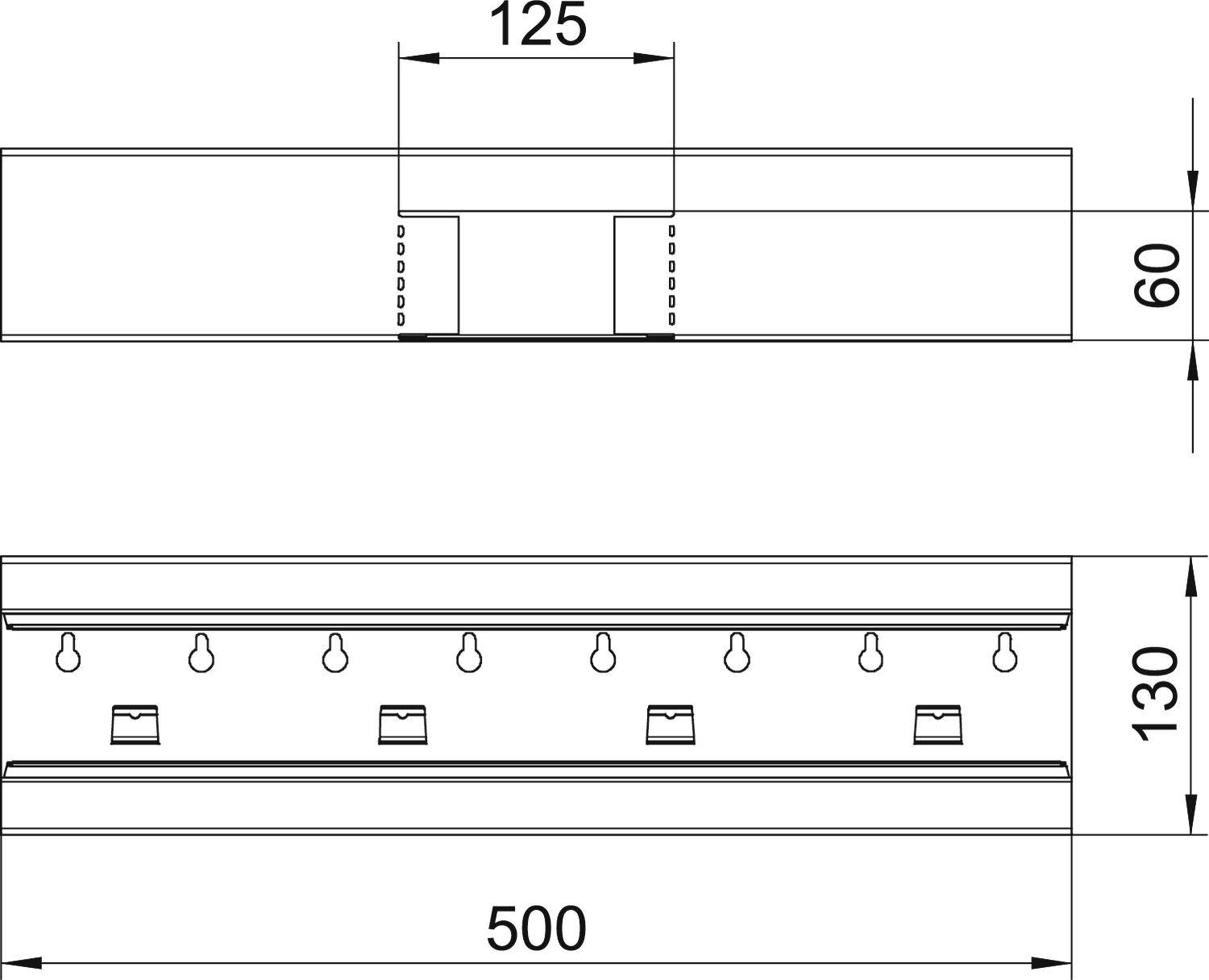Technische Zeichnung eines rechteckigen Deckenlichts mit den Maßen 125x60 mm oben und 500x130 mm unten. Beinhaltet Glühbirnen.