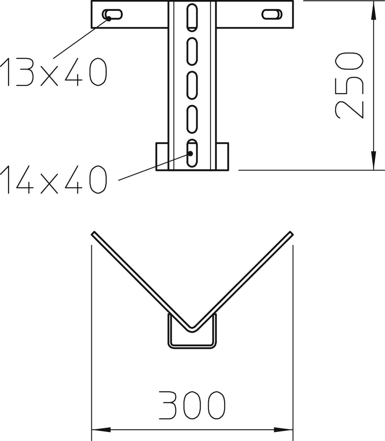 Technische Zeichnung eines Winkelprofils; obere Ansicht mit Schlitzen und Maßen 13x40, 14x40 und 250; untere Ansicht Breite 300.