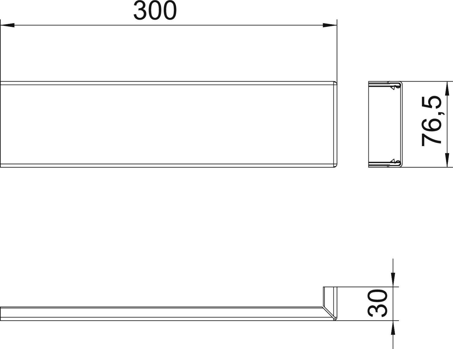 Technische Zeichnung einer länglichen Box mit den Maßen: Länge 300, Höhe 76,5 und Tiefe 30. Zeigt Vorder-, Seiten- und Draufsicht.