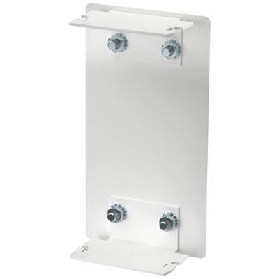 Weiße Metallhalterung mit zwei Schrauben oben und unten, zur Befestigung an der Wand oder für technische Anwendungen.
