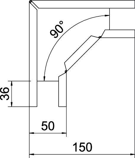Technische Zeichnung eines rechtwinkligen Querschnitts: Breite 150 mm, Höhe 36 mm, mit Stufe von 50 mm bis zur Ecke von 90 Grad.