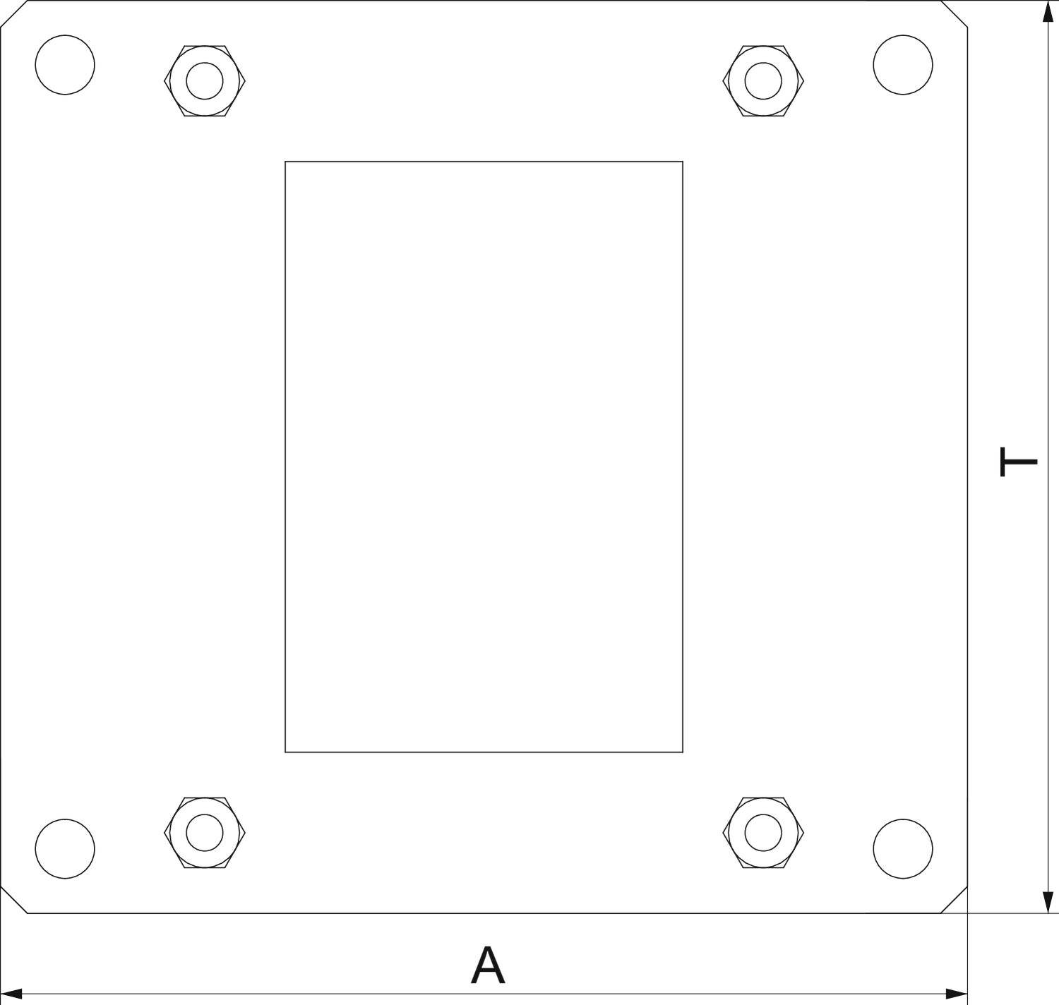 Technische Zeichnung einer quadratischen Platte mit vier Bolzenlöchern an den Ecken und den Maßen 'A' und 'T' seitlich vermerkt.