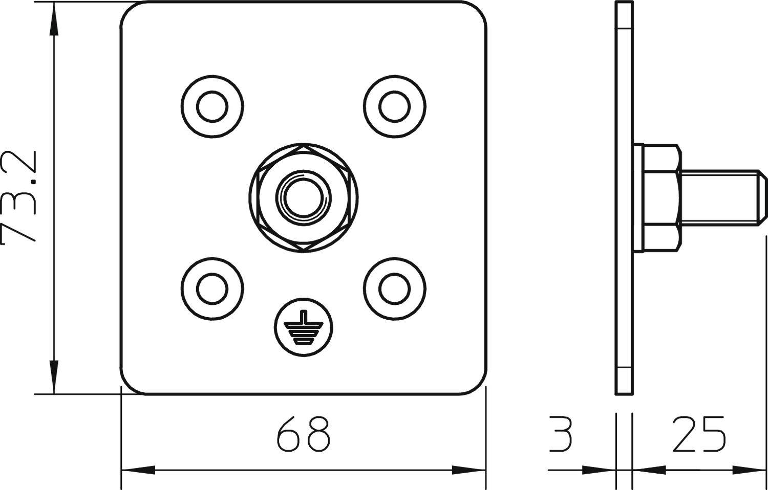 Technische Zeichnung eines quadratischen Flansches mit fünf Löchern. Maße: 73,2 mm Höhe, 68 mm Breite, 3 mm Dicke, 25 mm Bolzen.