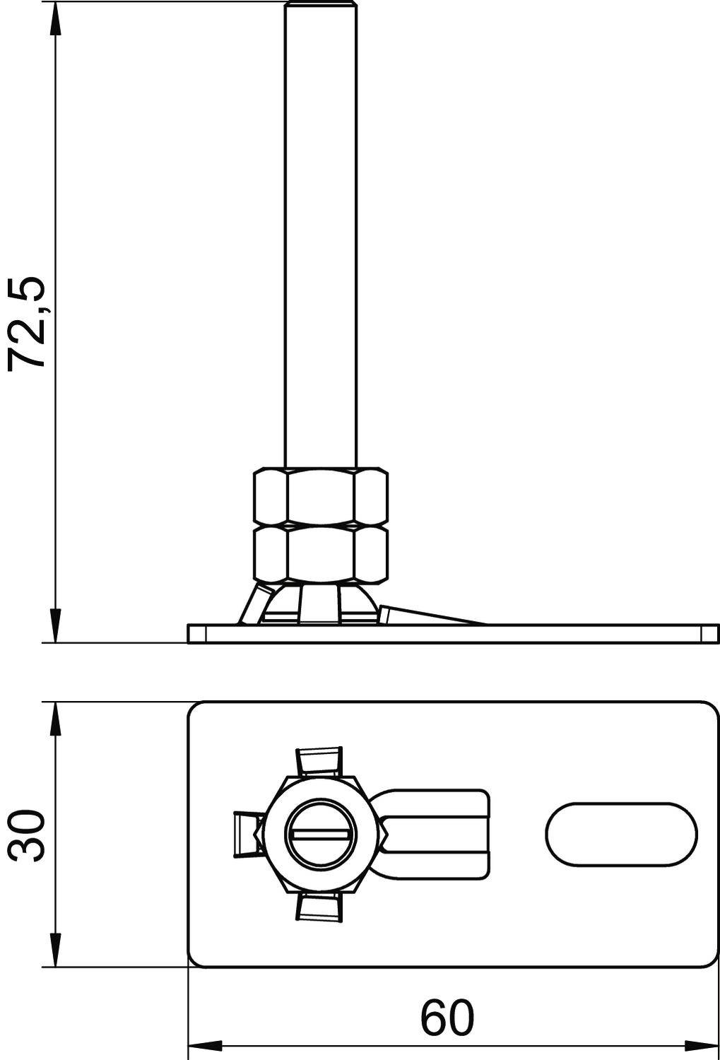 Technische Zeichnung eines Befestigungselements mit Abmessungen: Höhe 72,5 mm, Breite 60 mm, Höhe der Basis 30 mm.