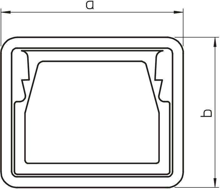 Querschnittsdiagramm eines rechteckigen Gegenstands mit Markierungen für Breite 'a' und Höhe 'b', ohne weitere Details.