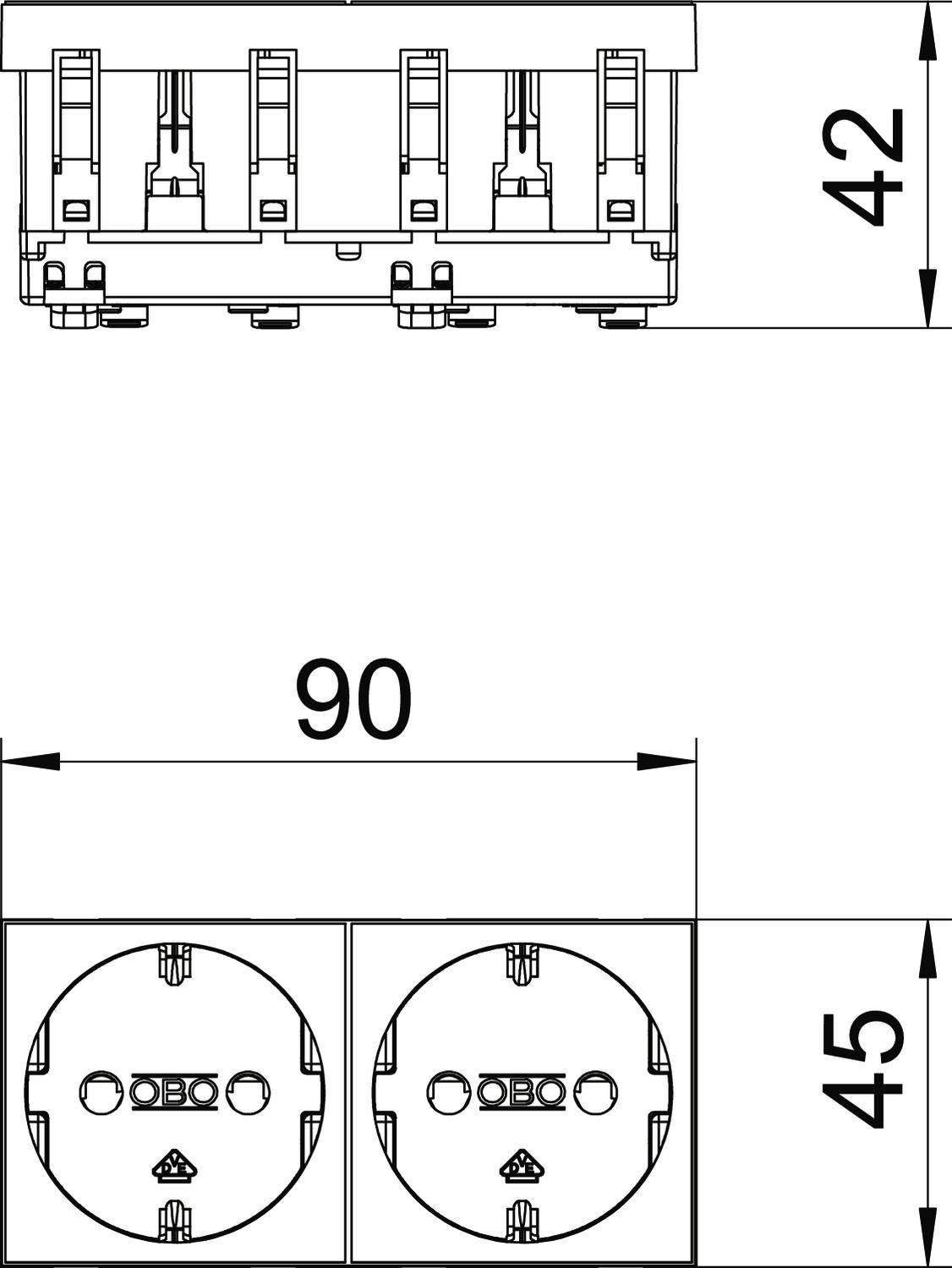 Technische Zeichnung: Obenansicht eines Doppelsteckdosenmoduls mit Bemaßungen. Breite 90 mm, Höhe 45 mm, Tiefe 42 mm.