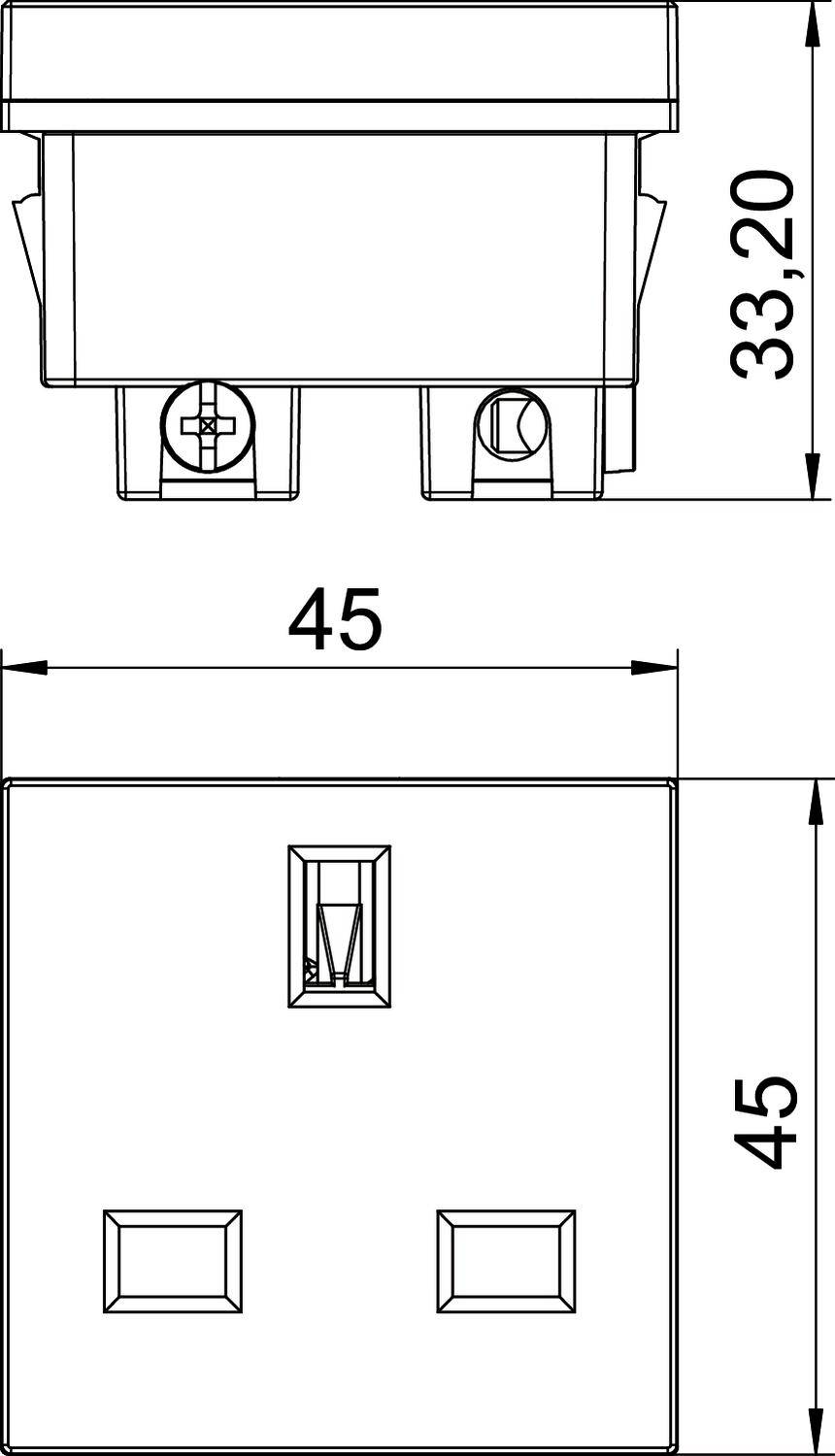 Technische Zeichnung einer quadratischen Steckdose mit Maßen: 45 mm Breite und Höhe, 33,2 mm Tiefe. Draufsicht und Seitenansicht.