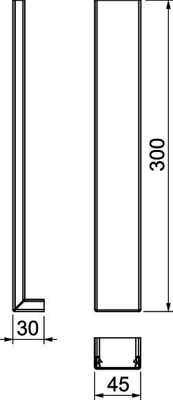 Technische Zeichnung eines winkelförmigen Metallprofils. Maße sind 300 mm Höhe, 45 mm Breite und 30 mm Tiefe erkennbar.