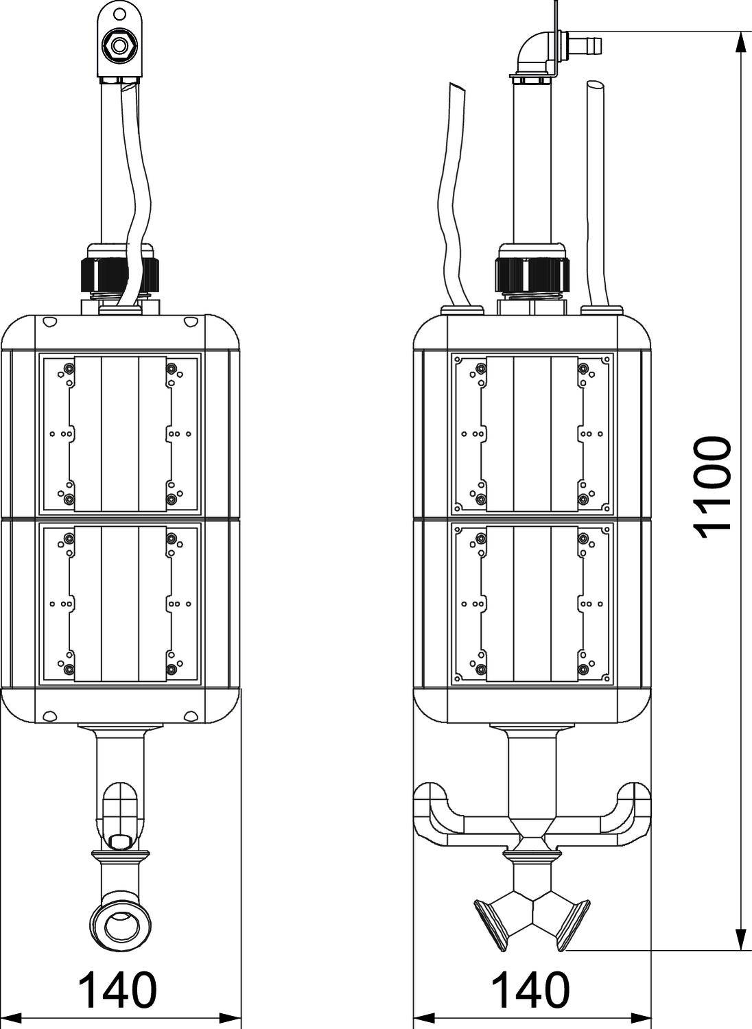 Zeichnung eines zylindrischen Tanks mit Maßen 140x140x1100 mm, Öffnungen oben und Boden, Ansicht von Seite und vorne.