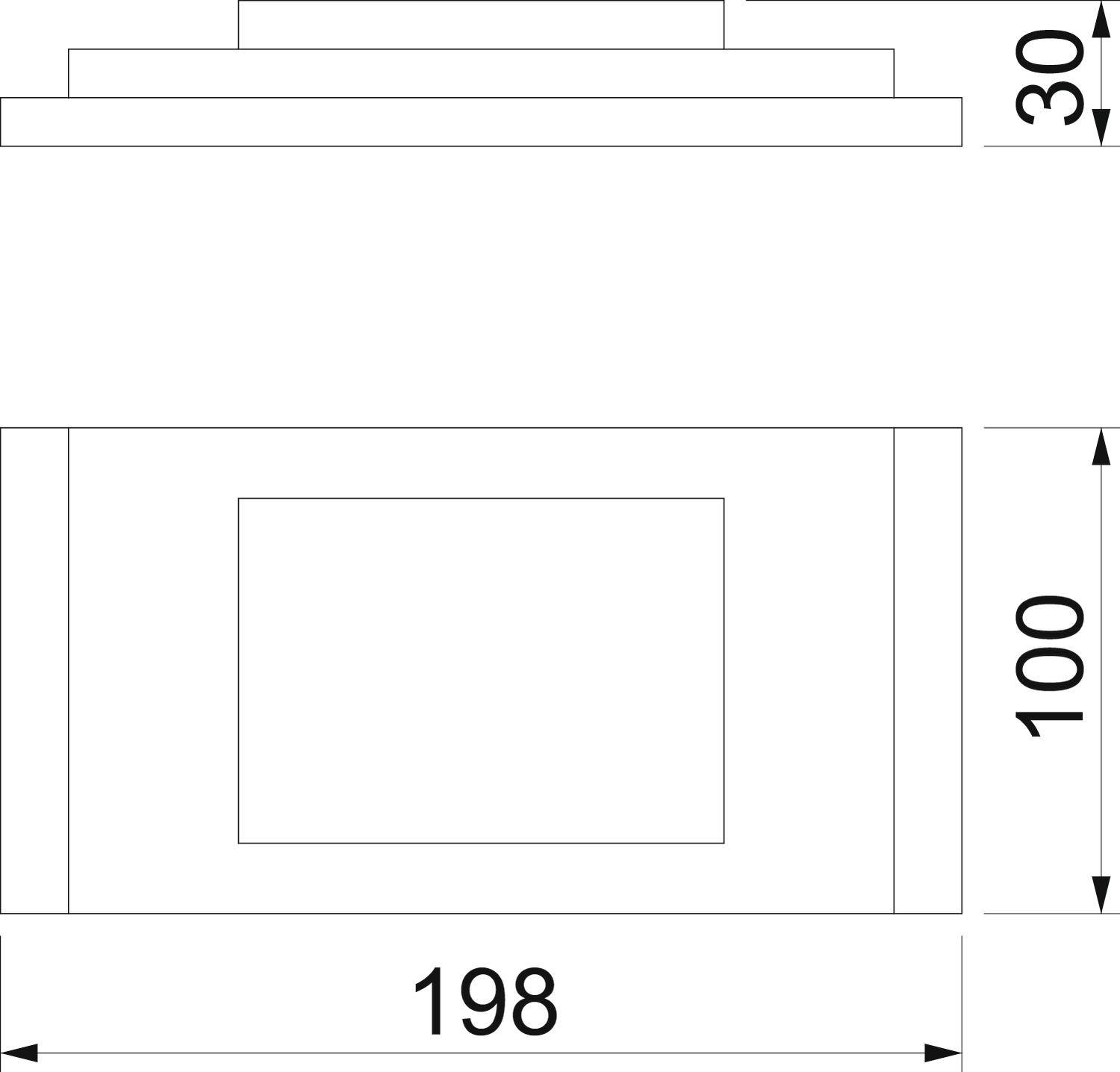 Technische Zeichnung eines rechteckigen Geräts mit den Maßen 198 mm Breite, 100 mm Höhe und 30 mm Tiefe.