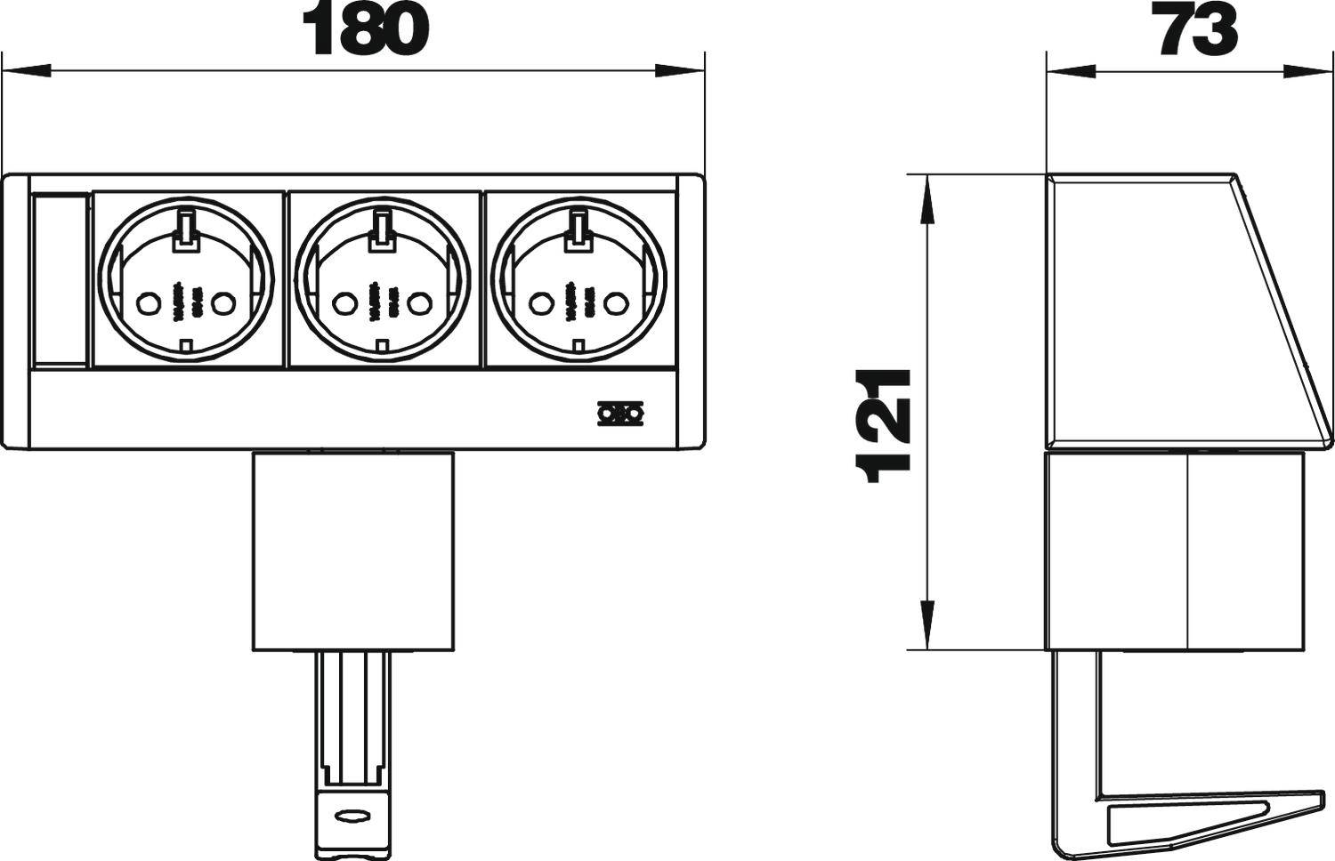 'Skizze einer dreifachen Steckdosenleiste mit seitlichen Abmessungen: 180 mm breit, 121 mm hoch, 73 mm tief.'