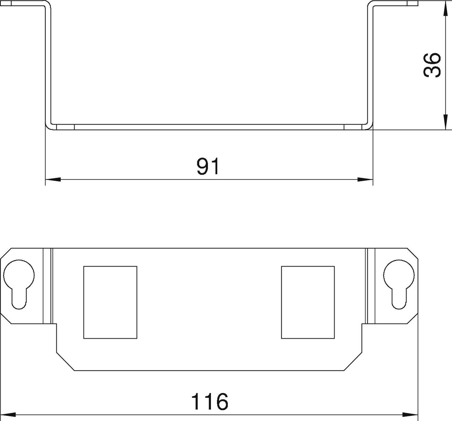 Technische Zeichnung einer Montagehalterung: Oben Seitenansicht mit Maßen 91 mm und 36 mm; unten Vorderansicht mit Maß 116 mm.