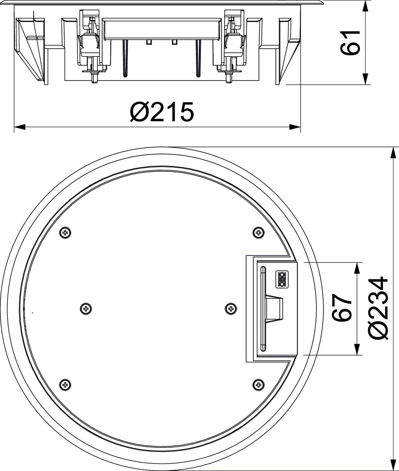 Technische Zeichnung eines runden Einbaugeräts mit den Maßen: Durchmesser 215 mm, Höhe 61 mm, andere Ansicht Durchmesser 234 mm, Höhe 67 mm.