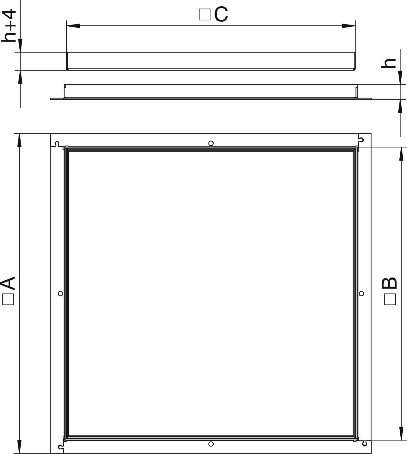 Technische Zeichnung eines quadratischen Rahmens mit Maßen: Breite (B), Höhe (A) und Tiefe (h). Oben Schnittansicht C.