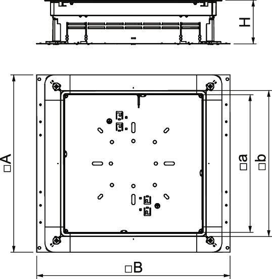 Technische Zeichnung eines quadratischen Gerätes; Maße 'A', 'B', 'H', 'a' und 'b' sind markiert, zeigen Dimensionen in Millimetern.
