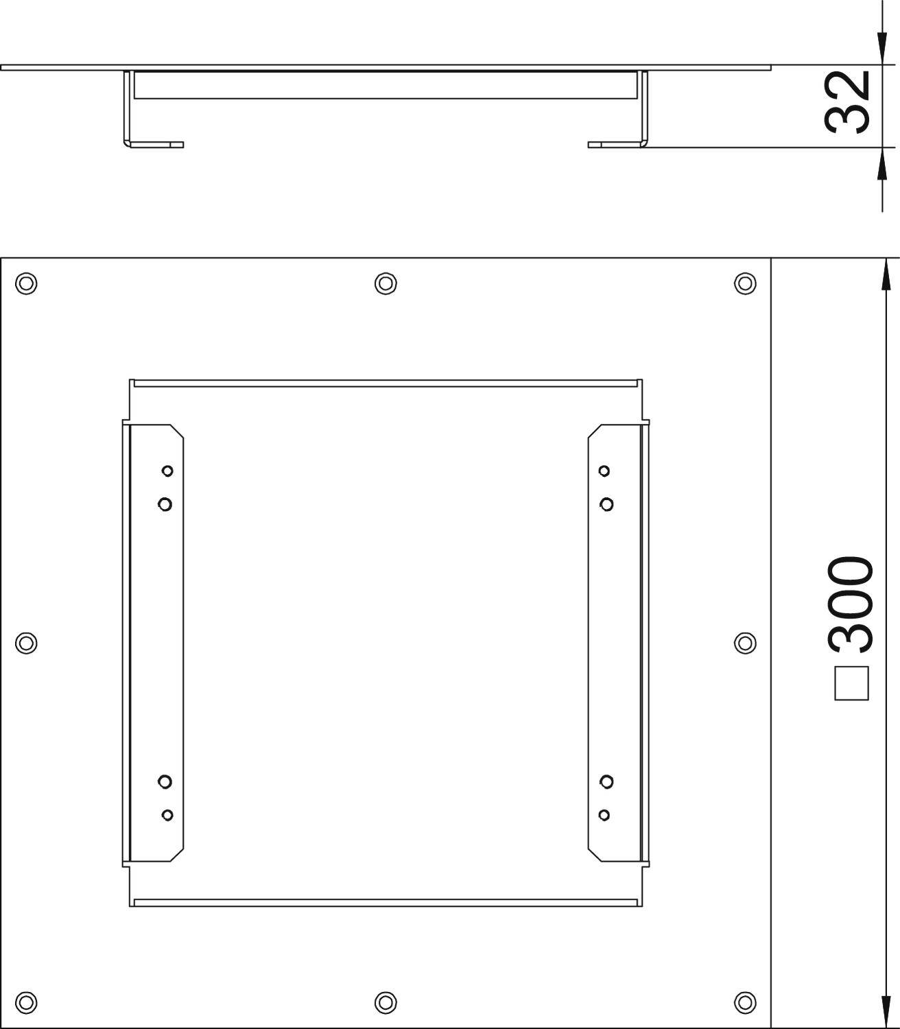 Technische Zeichnung zeigt die Front- und Seitenansicht einer quadratischen Halterung mit Maßen. Seitenansichtshöhe: 32 mm, Frontsichtbreite: 300 mm.